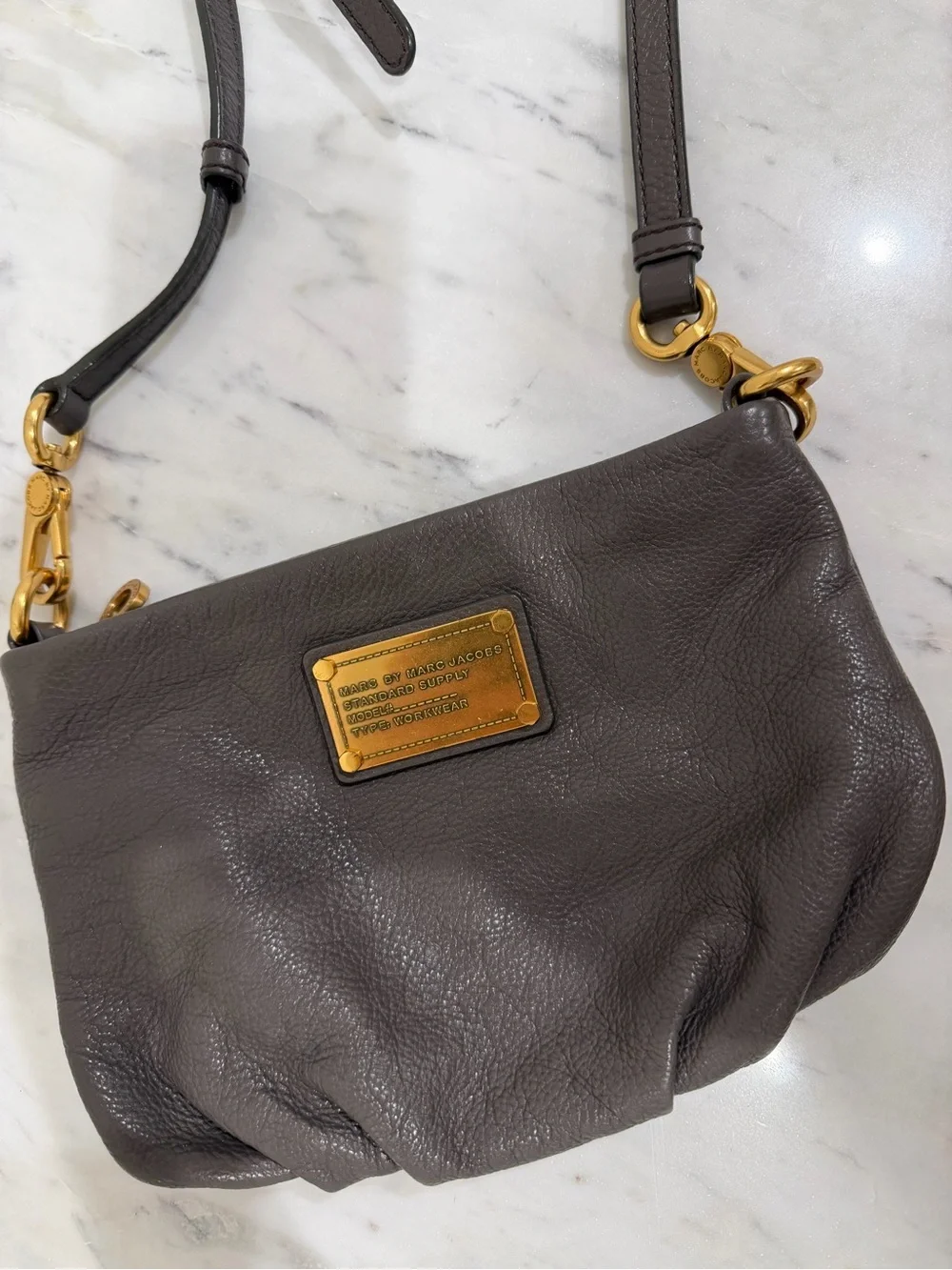 Marc by Marc Jacobs Dark Brown Pebbled Leather Crossbody with Gold Plaque